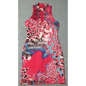 NWT bebe Dress Red White Pink Mock Neck Front Cutout Mixed Print Racer Back Sz S